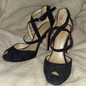 Nine West Just Maybe black suede peep-toe heels 6